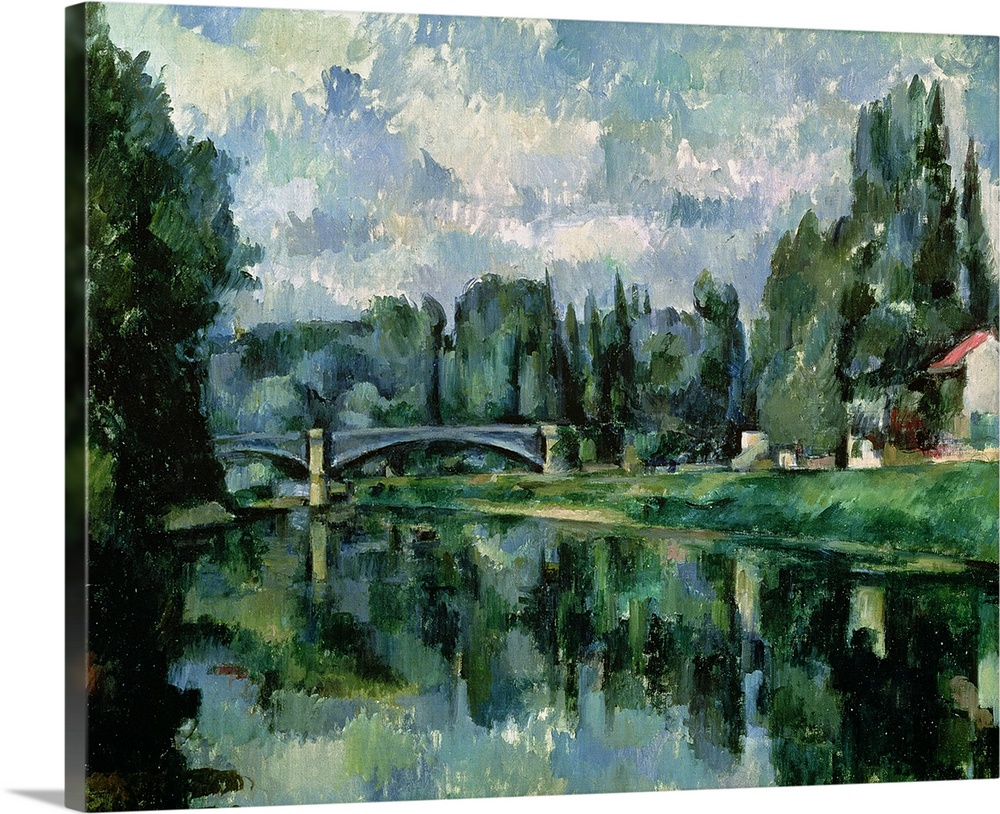 Classical oil painting on canvas of a river with a bridge going across it with a dense forest and a house.
