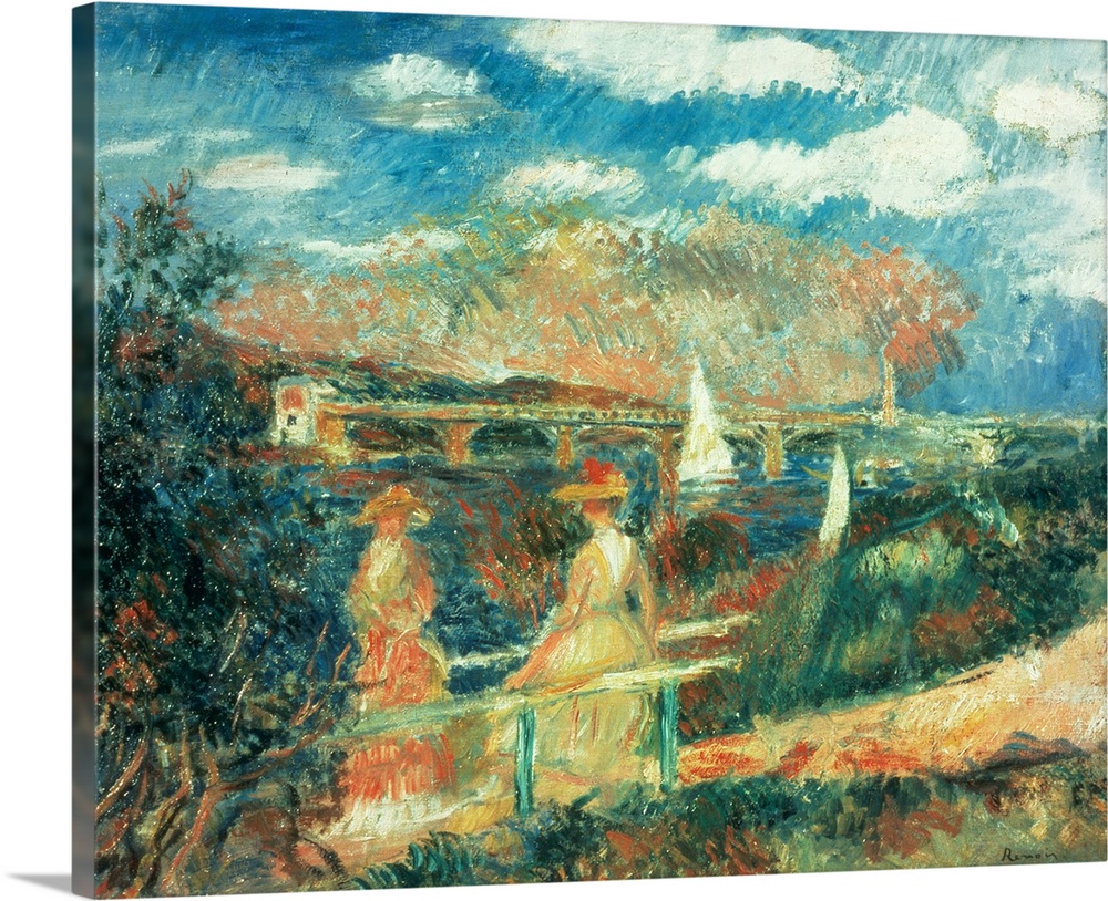 Home docor of a painting with brushstrokes applied in various directions. Two women stand on a path with water in the back...