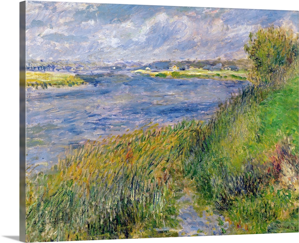 Big, classic art, landscape painting of the banks of the Seine River, surrounded by long green grasses.  Painted with thic...