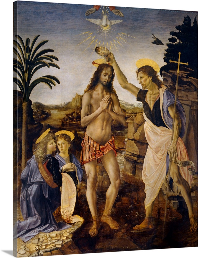 The Baptism of Christ by John the Baptist, c. 1475, oil on panel.  By Andrea Verrocchio (1435-88).