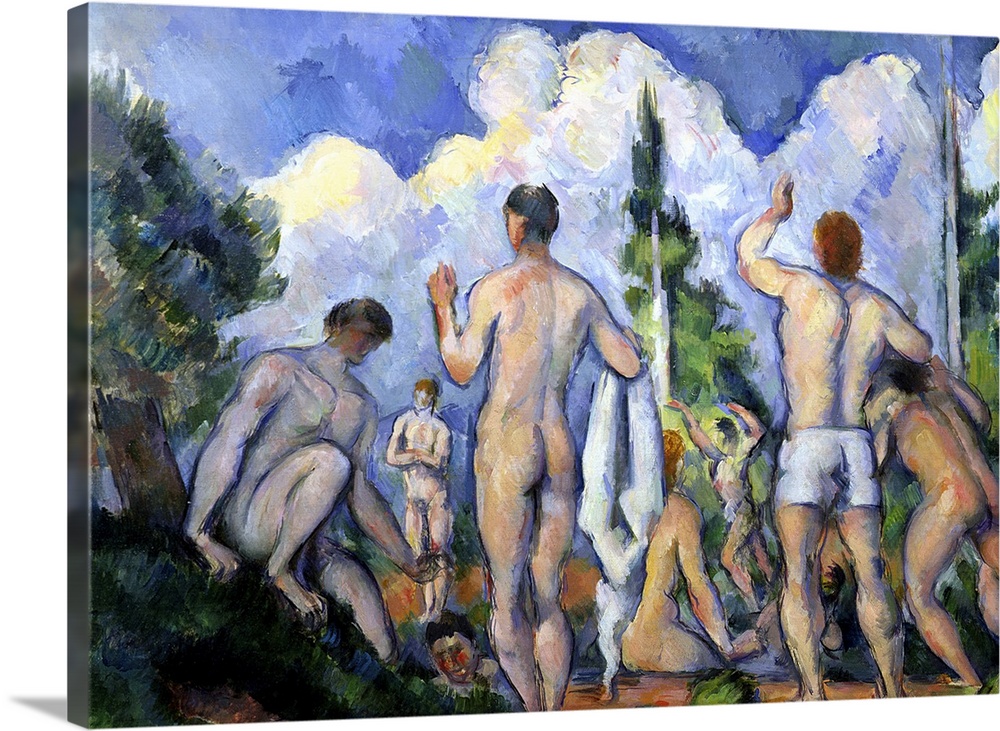 Classical art painting of nude men bathing in the outdoors.