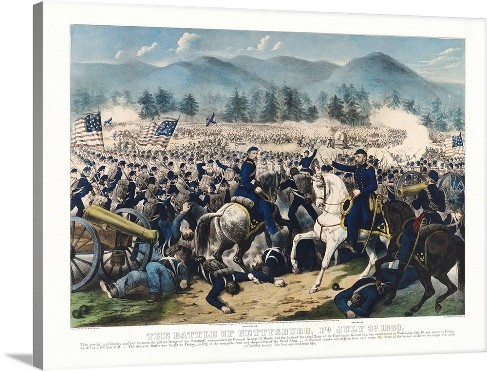 The Battle of Gettysburg, Pa., July 3rd, 1863 (hand-coloured lithograph with blue-tint) by Currier, N. (1813-88) and Ives,...