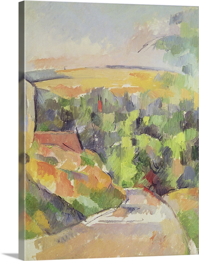Vertical, classic artwork on a large canvas of a winding road leading through a landscape of hills, a vast field can been ...