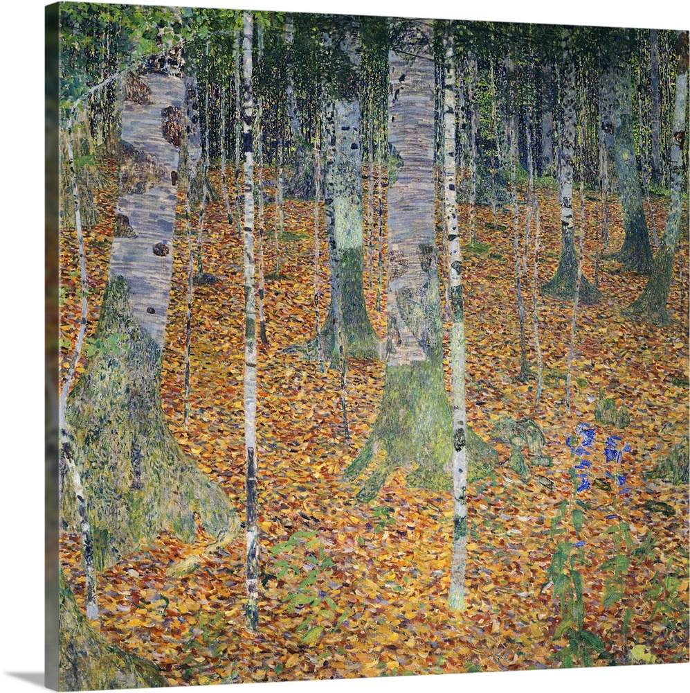 A square, modern art painting of a forest floor covered with leaves and moss covered birch trees.