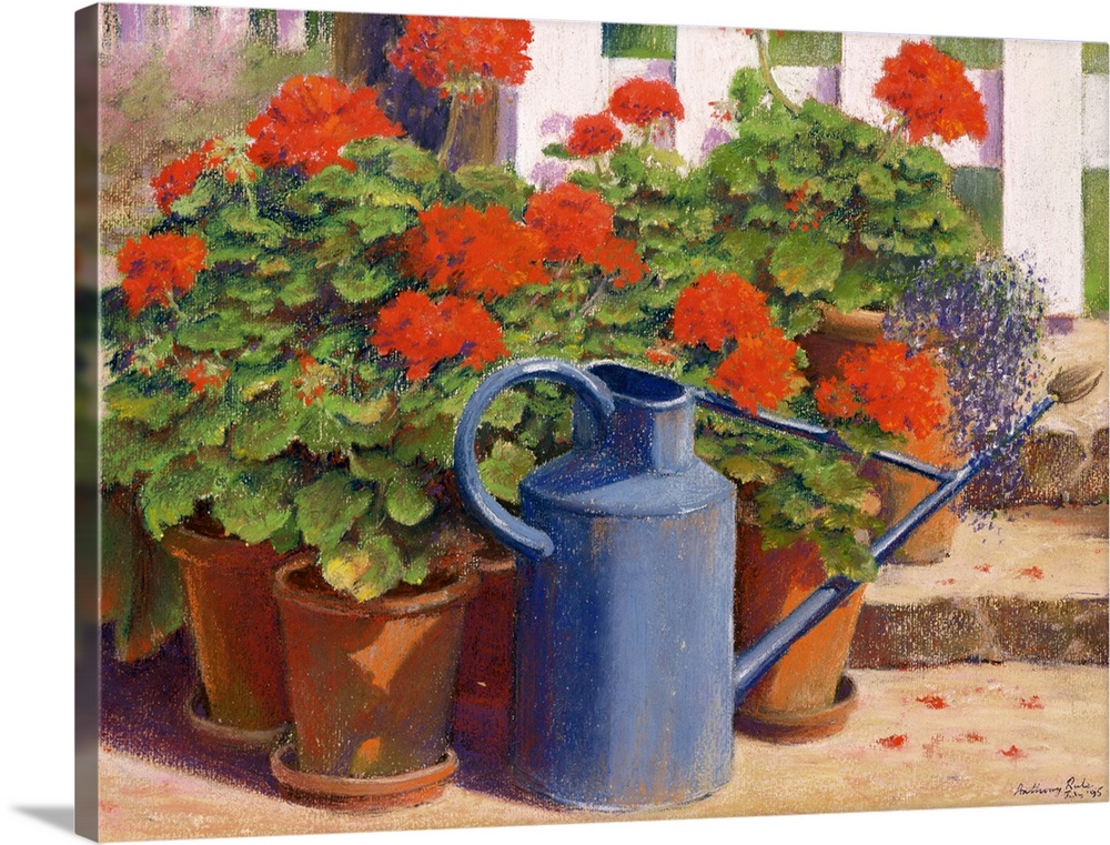 Docor perfect for the home of painted potted flowers with a watering can in front.