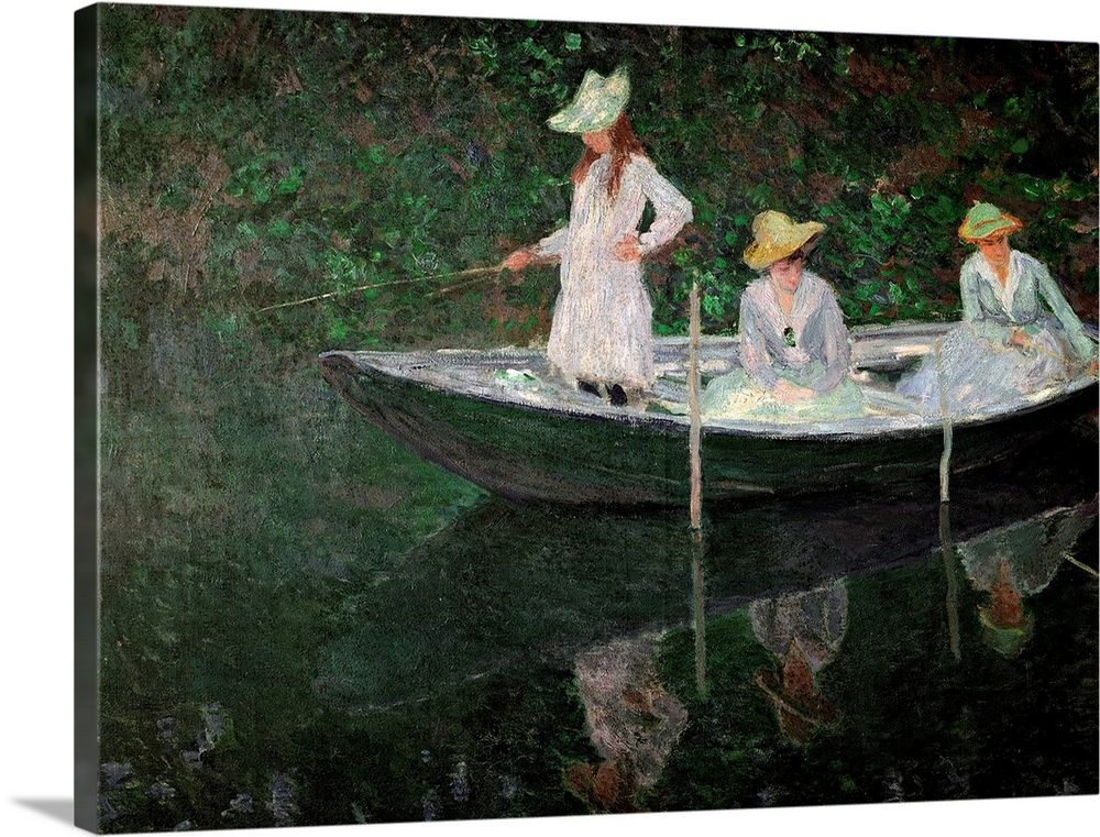 Large, landscape classic painting of three women on a row boat in dresses and sun hats, two are seated, while the third st...
