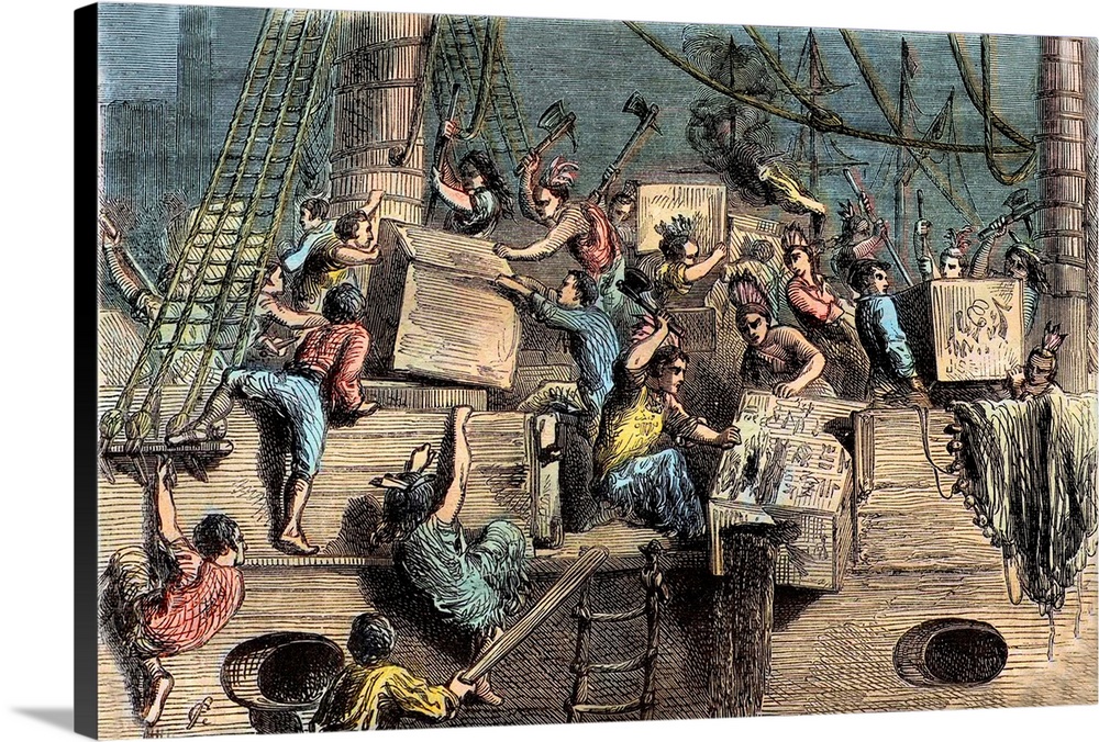 Colonists disguised as Mohawk Indians destroy chests of tea on ships in Boston Harbour as a protest against import duty tax.