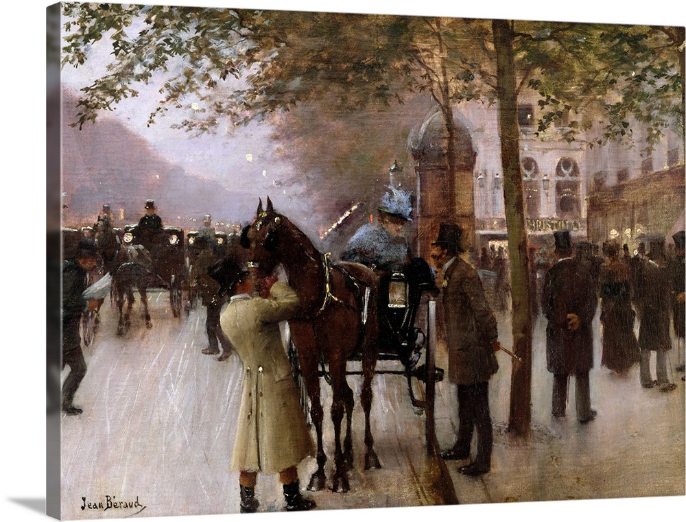 Classical art painting of a busy French street at the turn of the century with horse drawn carriages and men in top hats s...