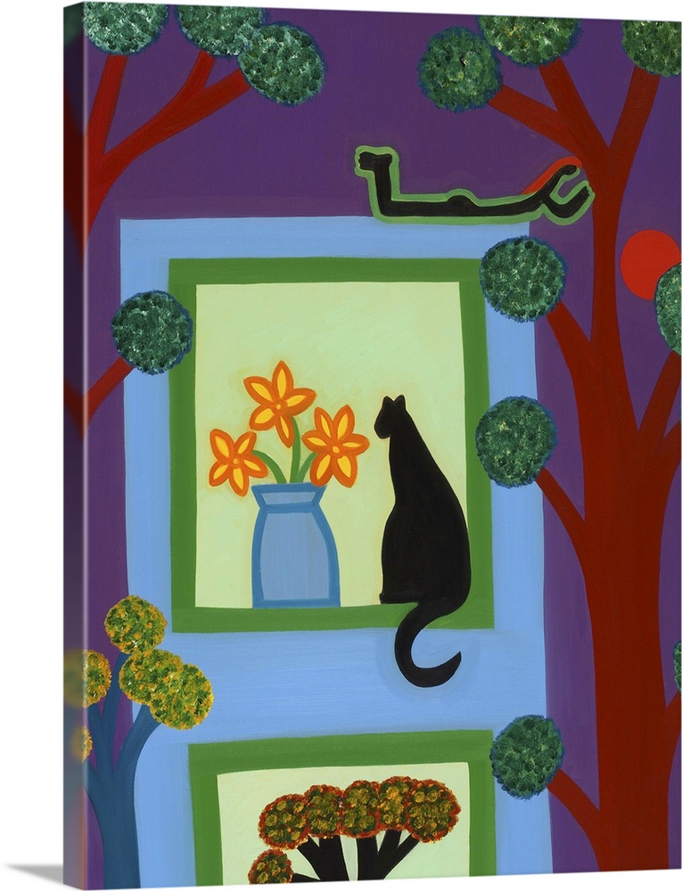 Contemporary painting of a cat sitting on a windowsill next to a vase with flowers.