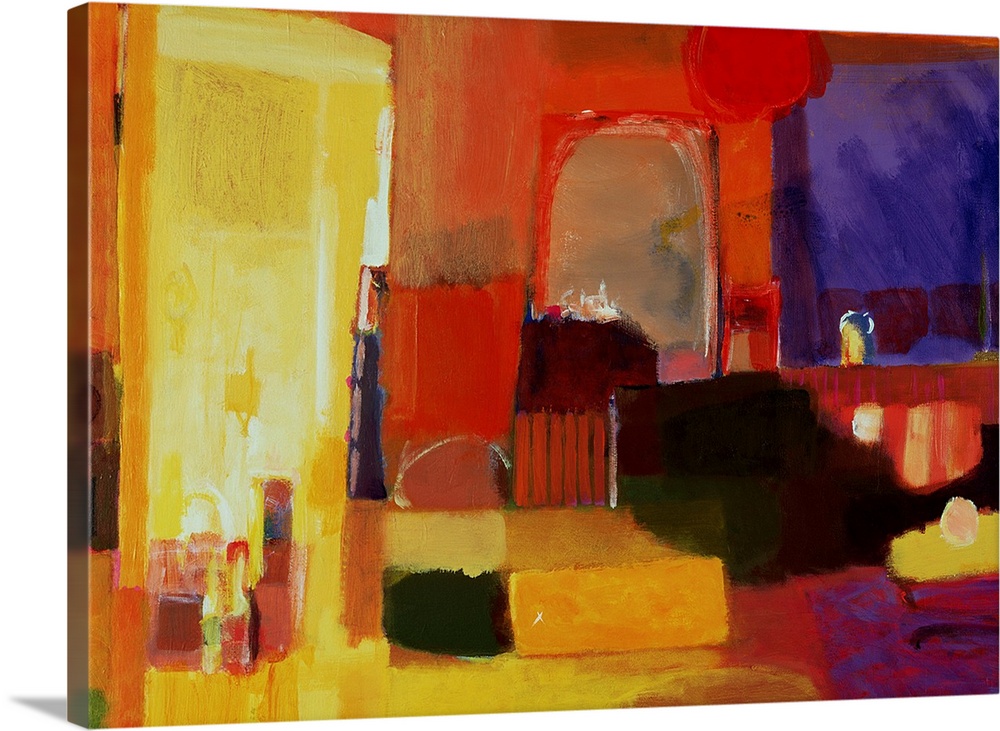 Abstract painting of a make up room represented with bright colors.
