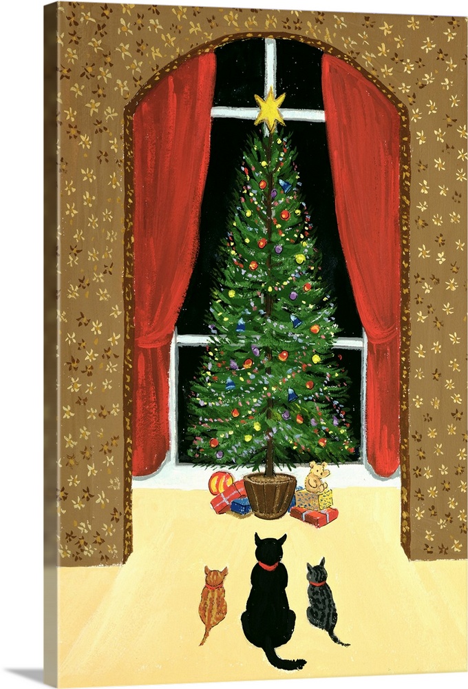 Contemporary painting of three cats waiting next to the Christmas tree.