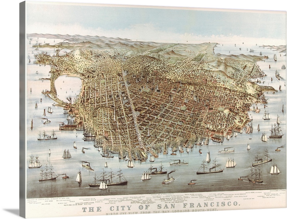 The City of San Francisco - Bird's Eye view from the Bay, looking southwest, 1878 (originally colour lithograph) by Currie...
