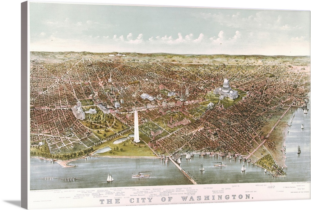 The City of Washington: Bird's-Eye View from the Potomac looking North, 1892 (originally colour lithograph) by Currier, N....