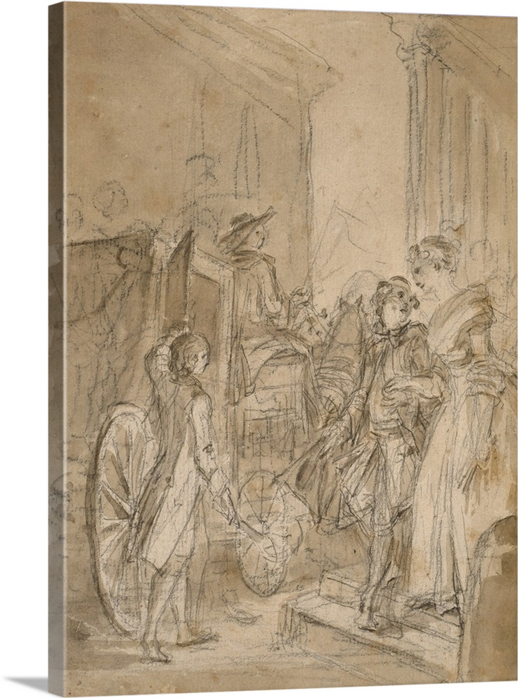 The Departure by Coach, c.1780-89, black chalk, and brush and brown wash, with touches of gray wash, on cream laid paper, ...