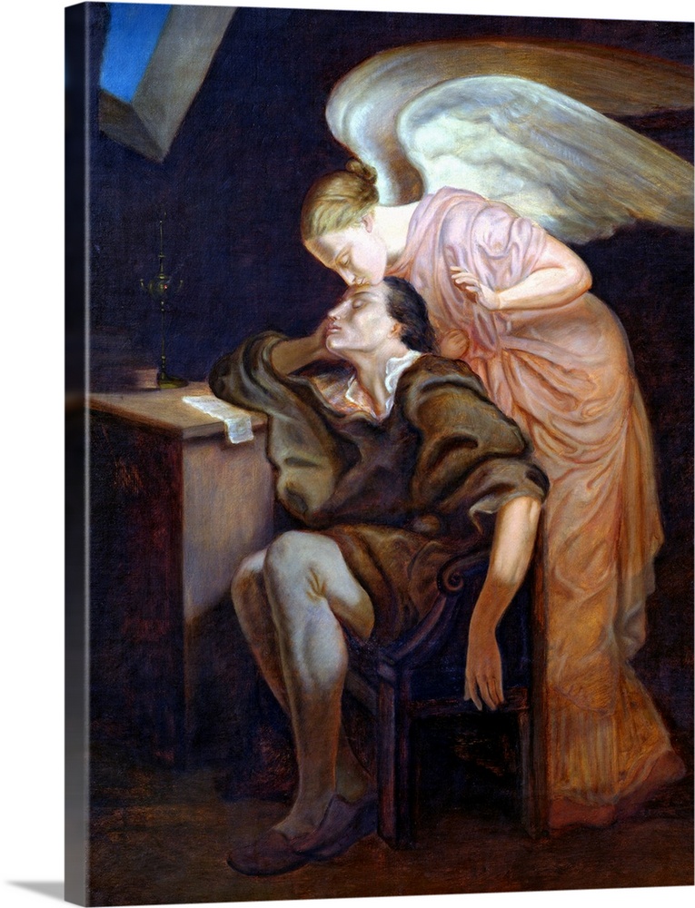 A large vertical artwork piece of an angel kissing a man's forehead while he dreams at his desk.