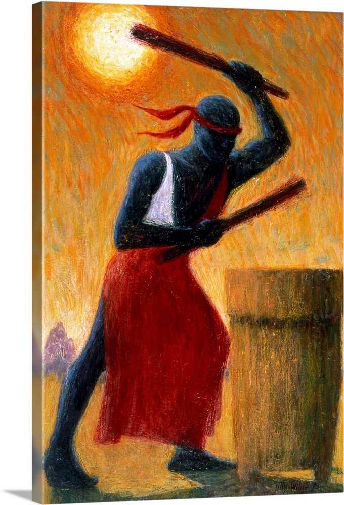 A vertical painting of a man beating on a drum outdoors with warm tones painted up and down.