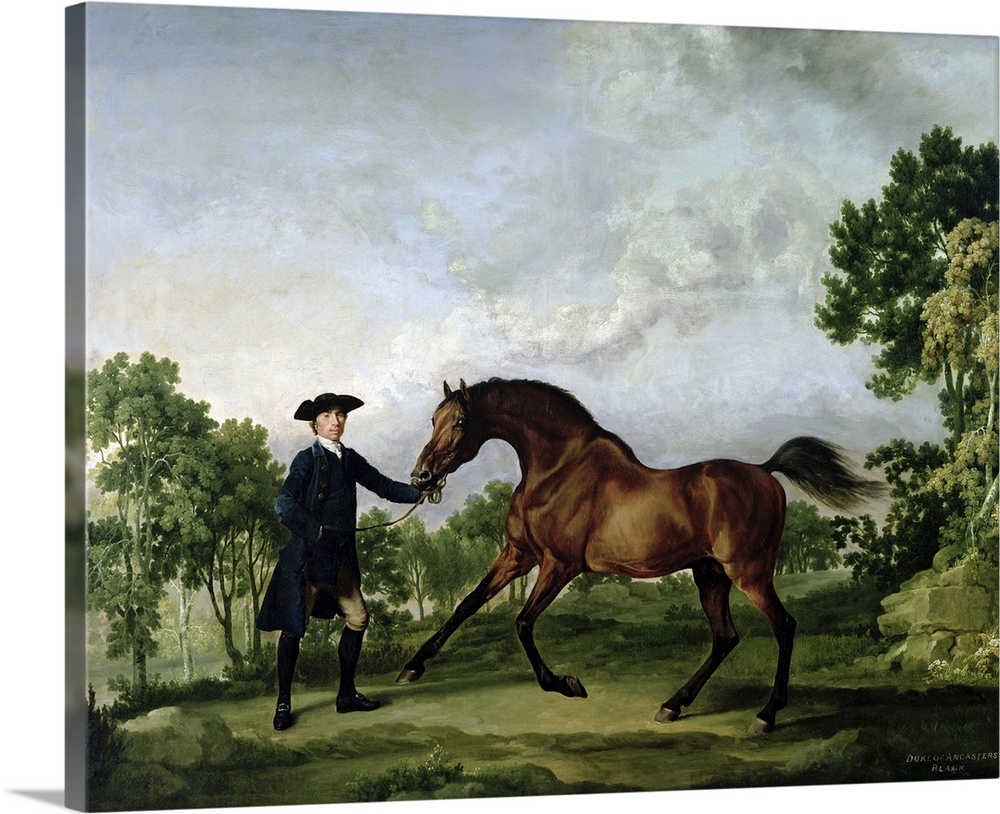 BAL72379 The Duke of Ancaster's bay stallion "Blank", held by a groom, c.1762-5  by Stubbs, George (1724-1806); oil on can...