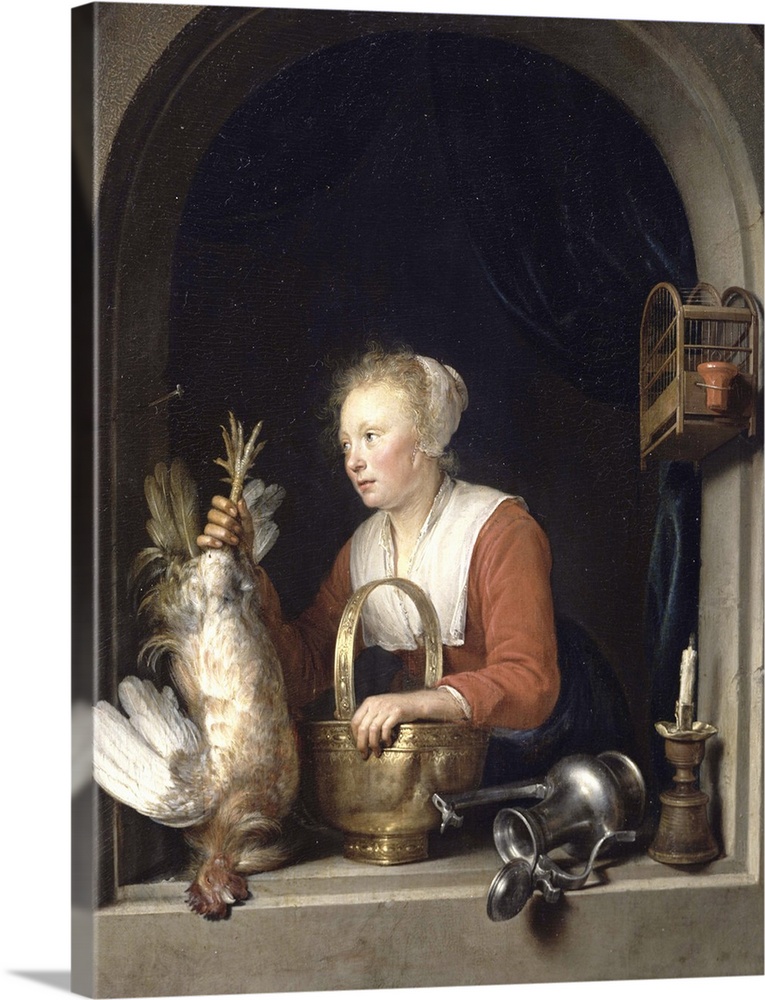 XIR34882 The Dutch Housewife or, The Woman Hanging a Cockerel in the Window, 1650 (oil on panel)  by Dou, Gerrit or Gerard...