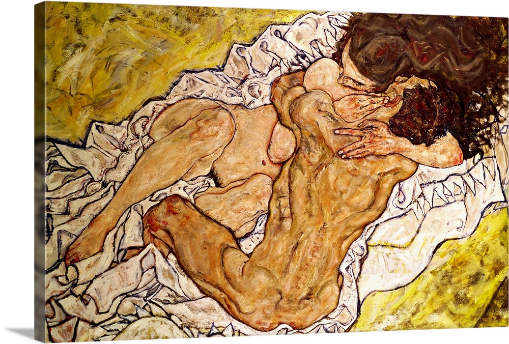Oil painting on canvas of an abstractly drawn man and woman laying in each other's arms on a blanket.