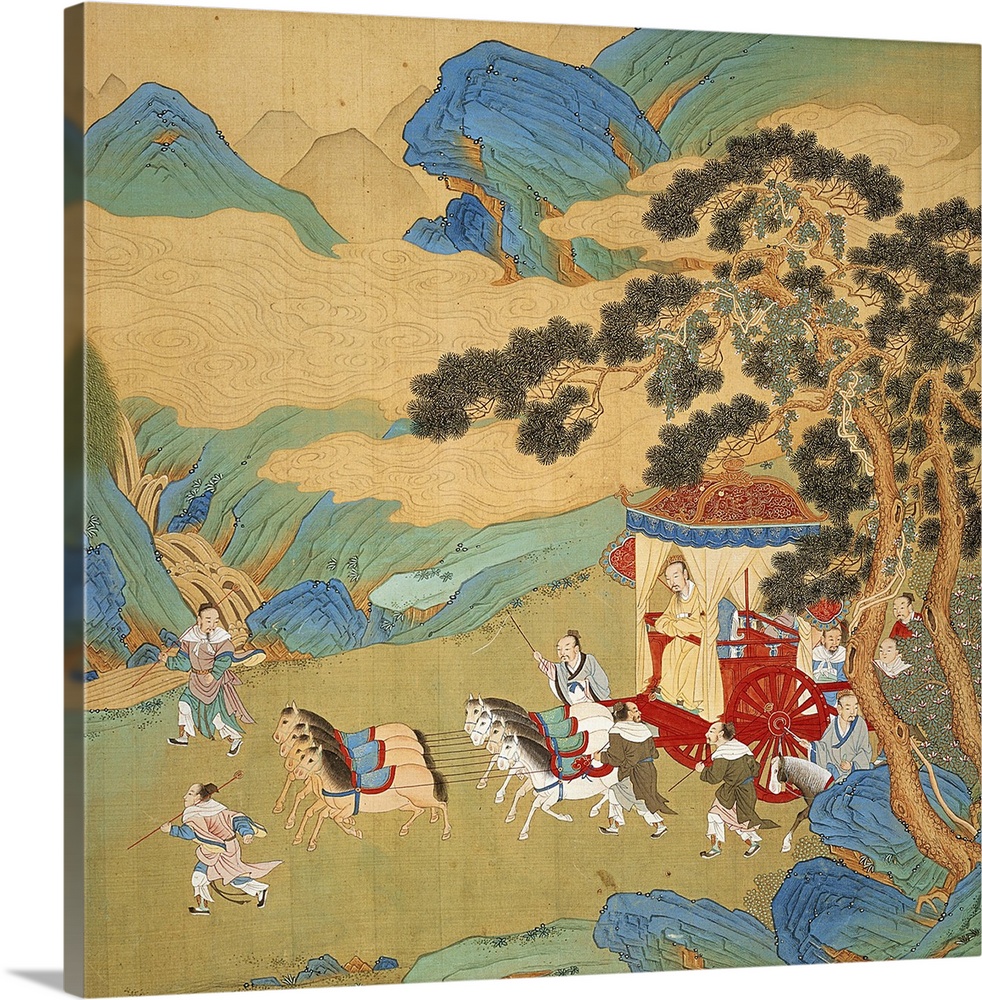 XIR158686 The Emperor Mu Wang (c.985-c.907 BC) of the Chou Dynasty in his chariot, from a history of Chinese emperors (col...