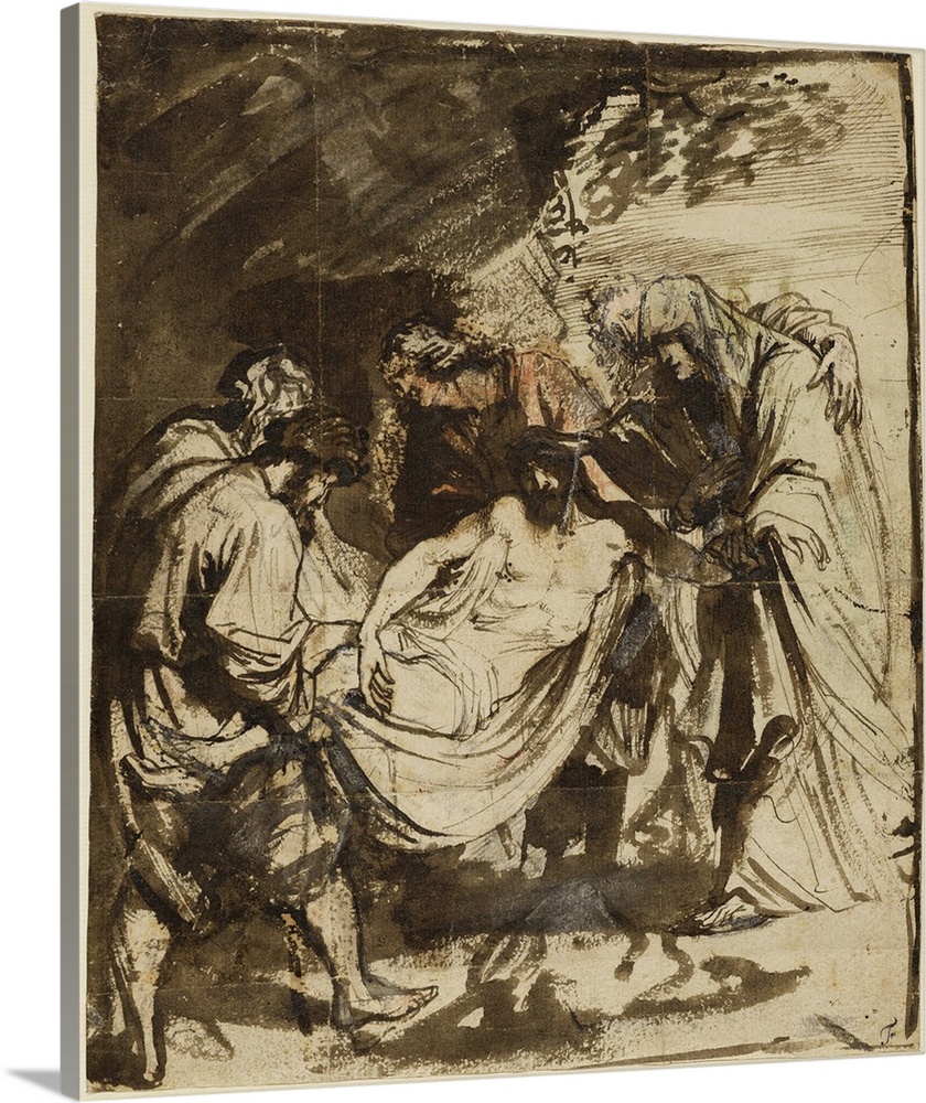 The Entombment, recto, 1617-1618, Black chalk, pen and brown ink, brown and reddish wash, red and blue chalk, and white go...