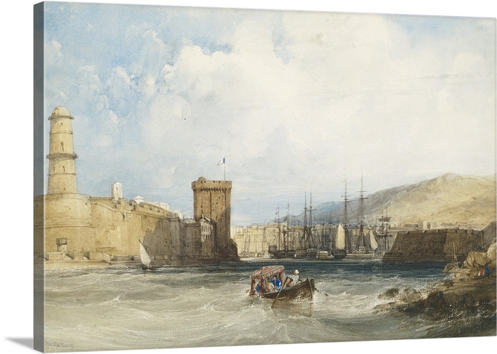 The Entrance to the Harbour of Marseilles, c.1838, watercolor with touches of gouache, over traces of graphite, and scrapi...