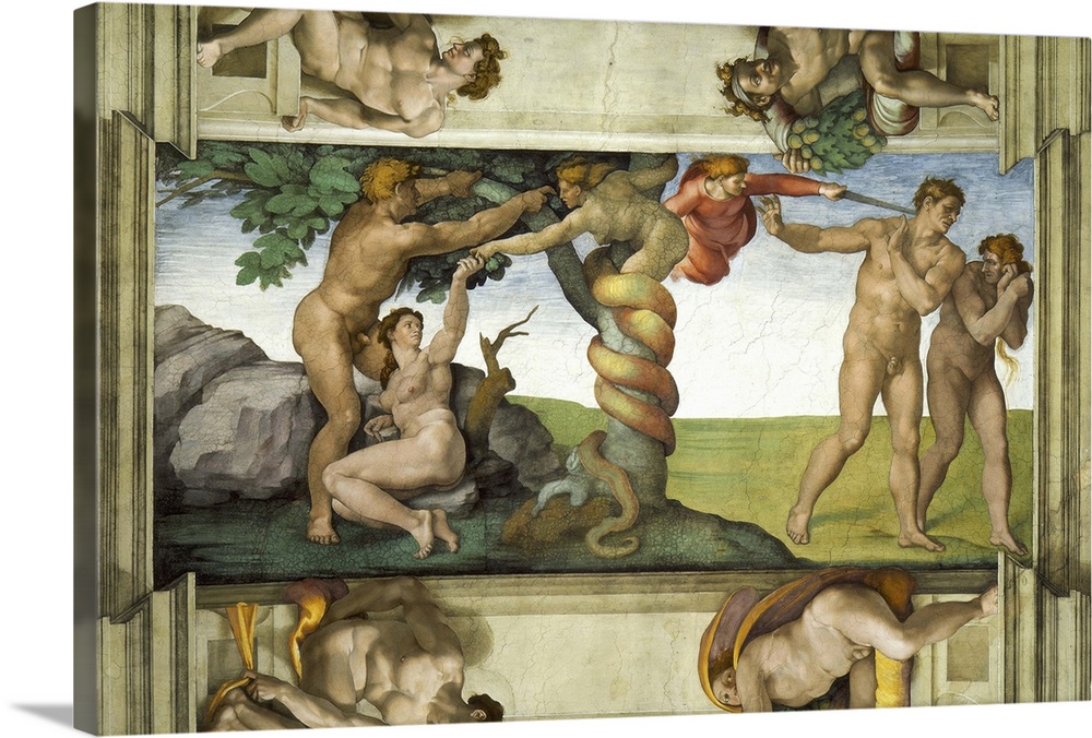 Sistine Chapel Ceiling: The Fall of Man and the Expulsion from the Garden of Eden, with four Ignudi, 1510, fresco, post-re...
