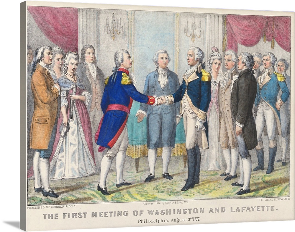 The First Meeting of Washington and Lafayette in Philadelphia, August 3rd 1777, 1876 (originally hand-coloured lithograph)...