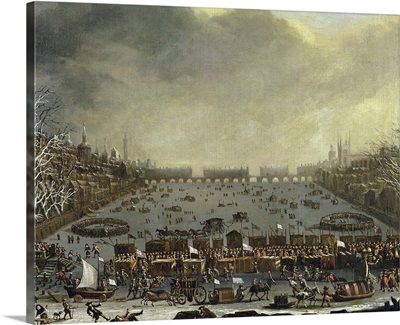 The Frost Fair of the winter of 1683-4 on the Thames, with Old London Bridge in the Dist