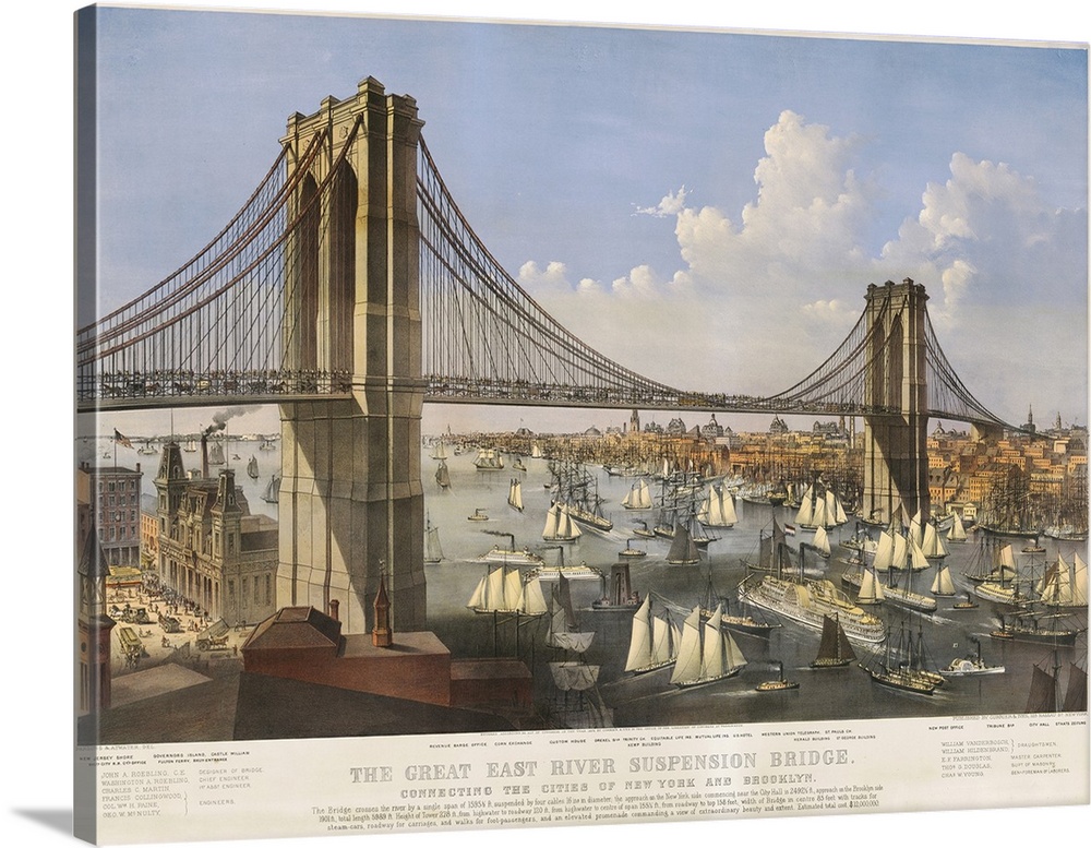 The Great East River Suspension Bridge: Connecting the Cities of New York and Brooklyn, 1874 (originally colour lithograph...