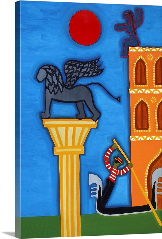 Contemporary painting of a winged lion statue in Venice.