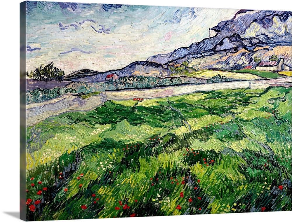 Docor perfect for the home of a classic art piece that paints a large field next to a river with houses and mountains show...