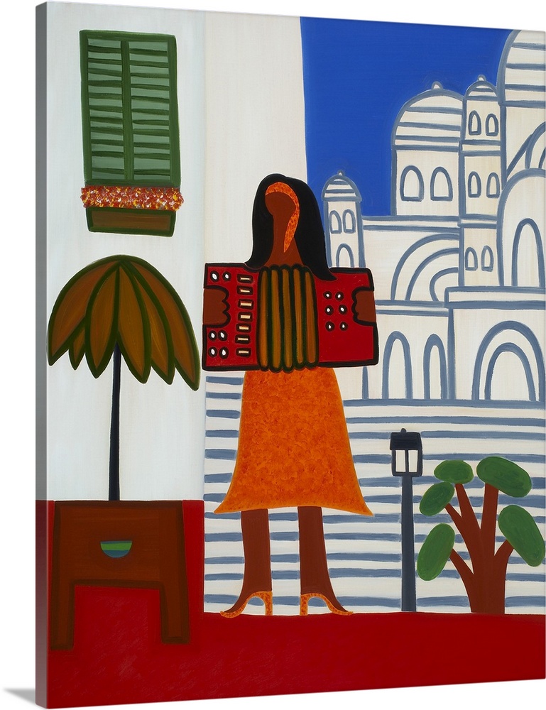 Contemporary painting of a woman playing an accordion in Paris.