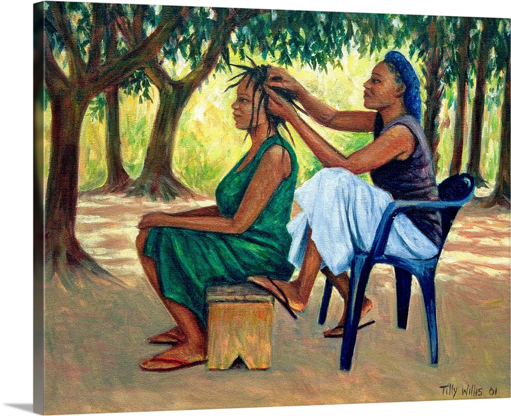 African American artwork and wall docor this painting shows a woman braiding another womanos hair outdoors in the warm sum...