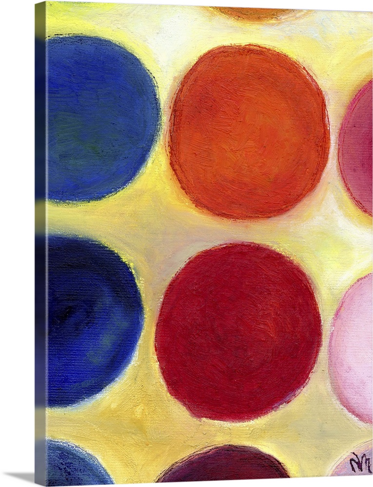 Contemporary painting of a colorful circles against a yellow background.