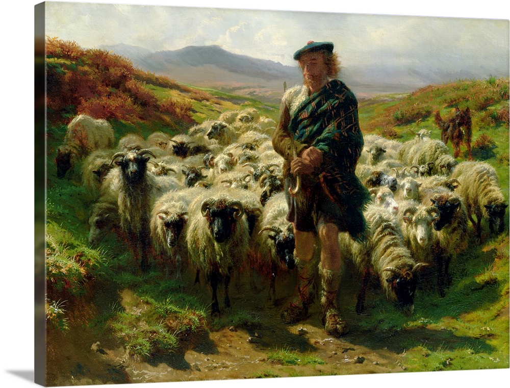 Classic artwork of a shepherd standing in front of his flock in between two small hills.