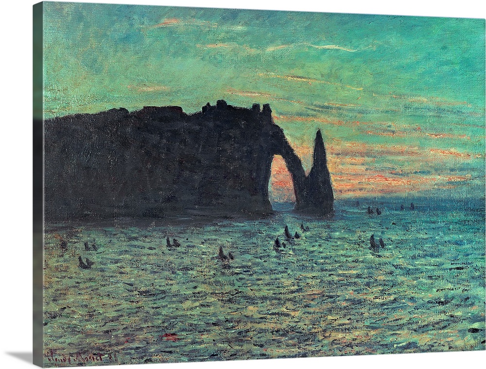 Classic artwork showing an immense cliff in the background with an opening at the bottom where water passes through.