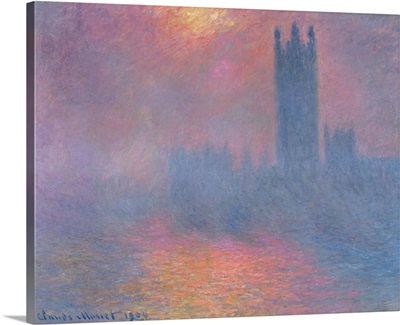 The Houses of Parliament, London, with the sun breaking through the fog
