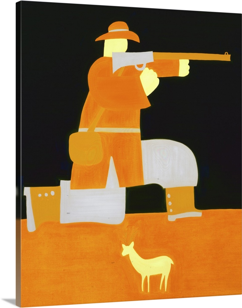 Contemporary painting of a hunter holding a rifle.