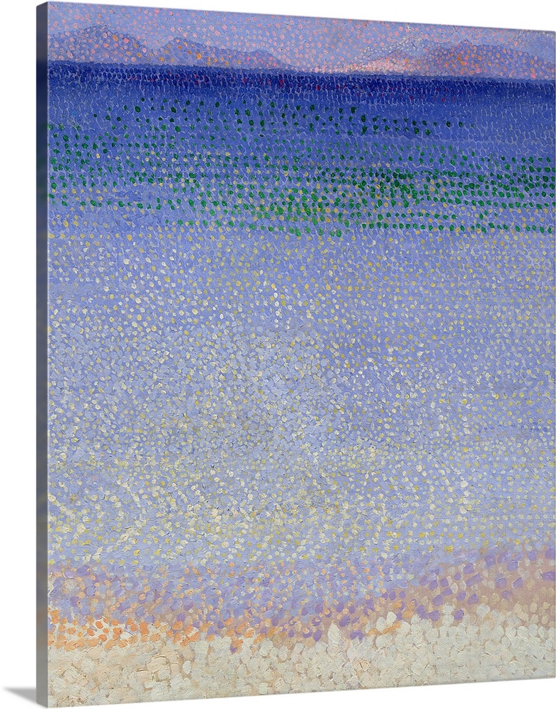 This vertical painting created with pointillist dots shows a sandy beach, sea, and hilly islands in this distant horizon.
