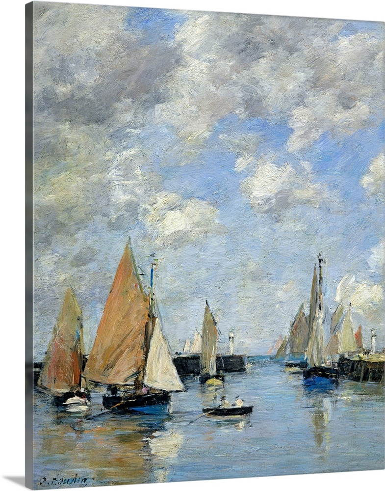 Painting of boats floating in a harbor with puffy clouds in the sky and a brush like texture over top.
