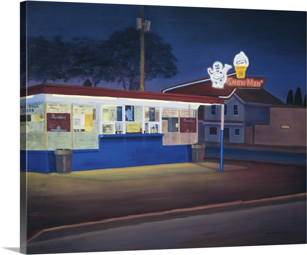 Contemporary painting of an ice cream shop with a lit neon sign.