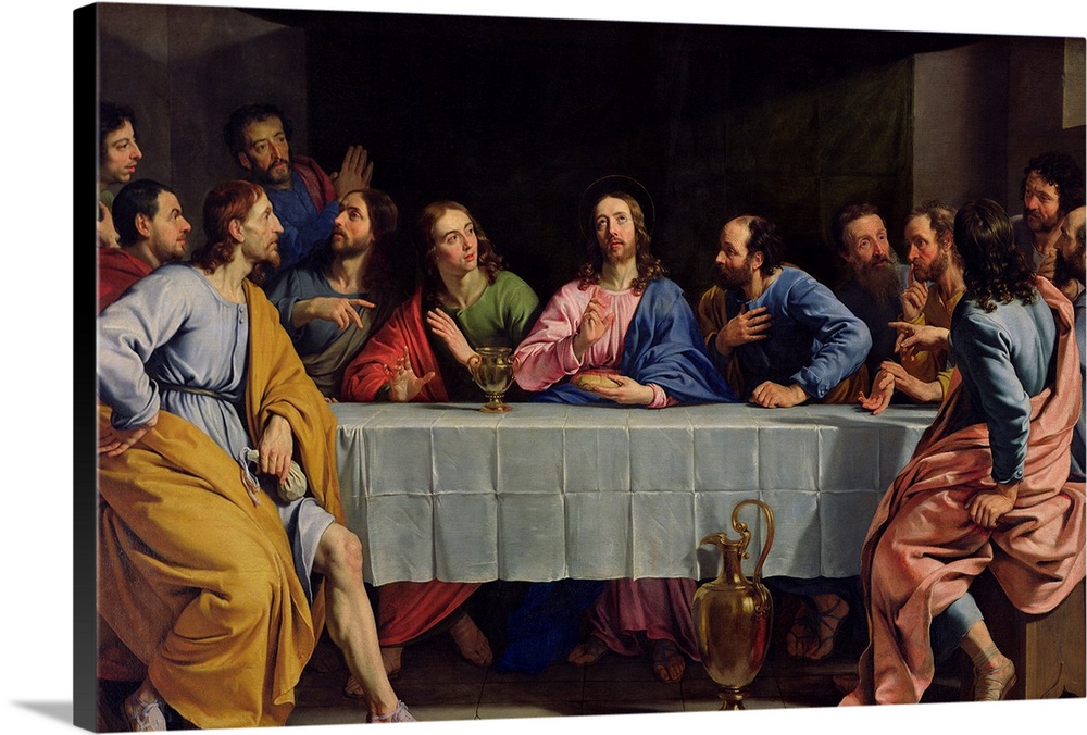 Traditional Christian artwork painted in the 17th century by a French Baroque painter depicts Christ and his disciples, sp...