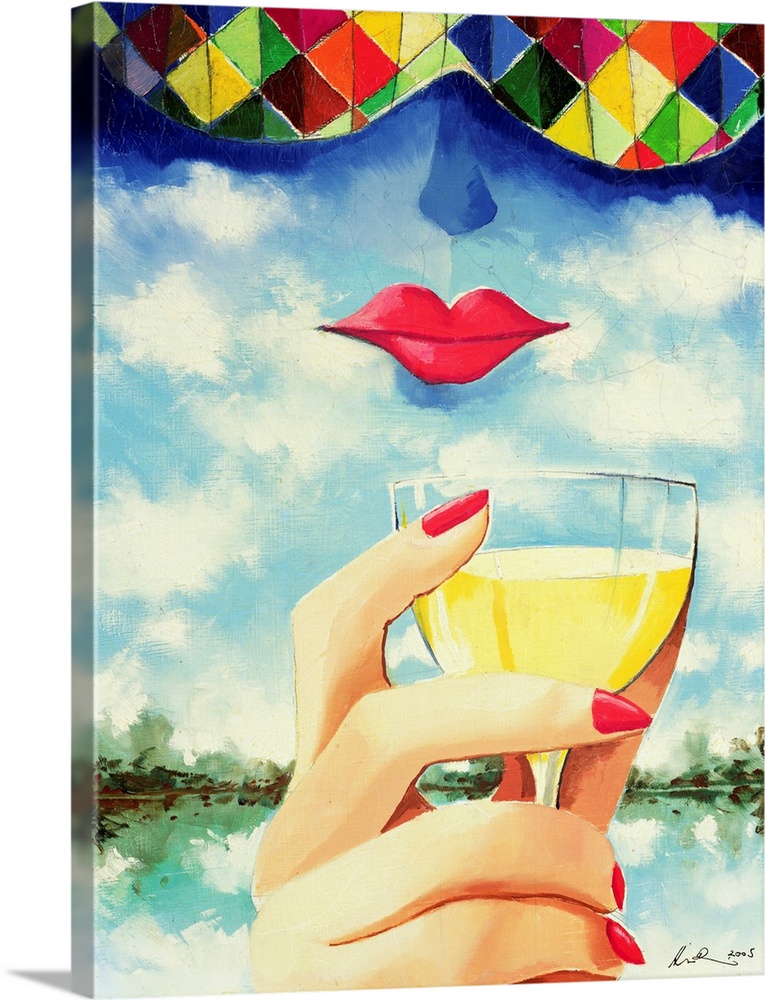 Contemporary painting of a woman's face in the clouds with a hand holding a wineglass.