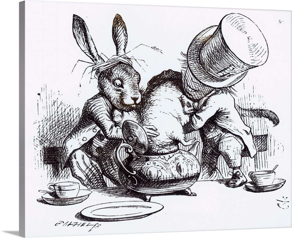 The Mad Hatter and the March Hare putting the Dormouse in the Teapot, illustration from 'Alice's Adventures in Wonderland'...