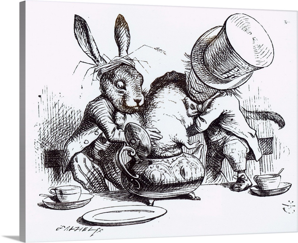 The Mad Hatter and the March Hare putting the Dormouse in the Teapot