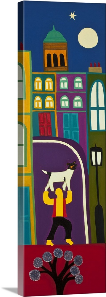 Contemporary painting of a person holding a dog in a city.