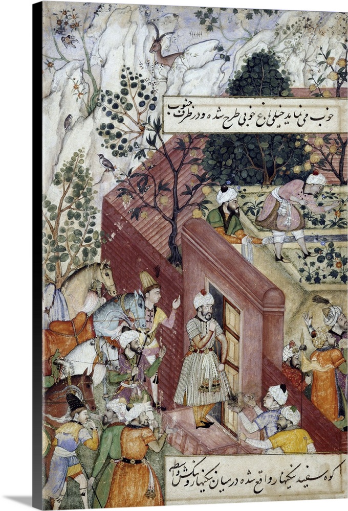 Outside the gates, the Emperor's retinue wait with his horses; made for Emperor Akbar (r.1556-1605);