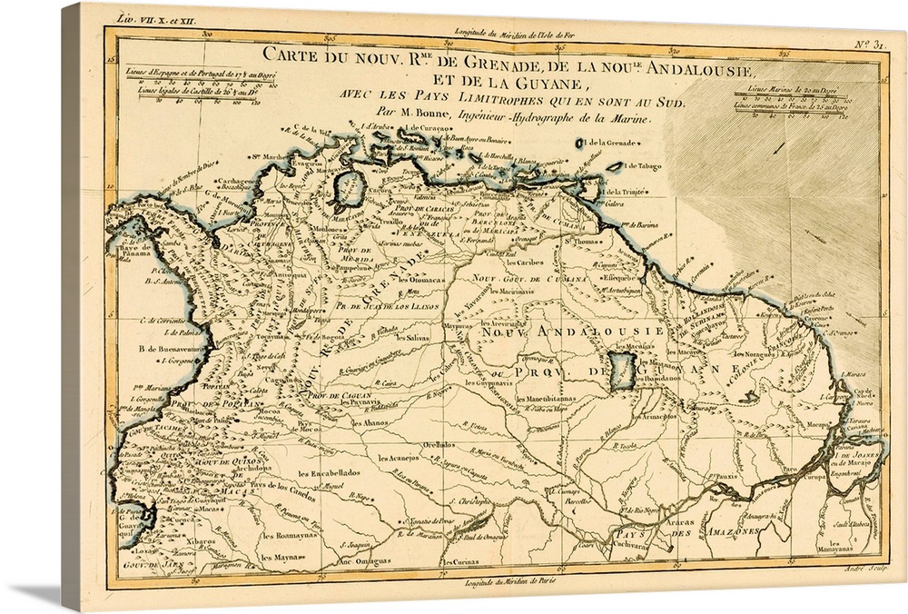 Map of Grenada, New Andalucia and Guyana circa.1760. From .Atlas de Toutes Les Parties Connues du Globe Terrestre . by Car...