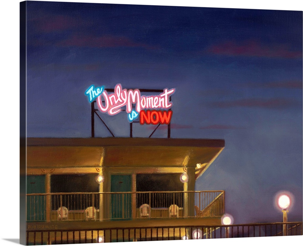 Contemporary painting of a lit up neon billboard over a motel.